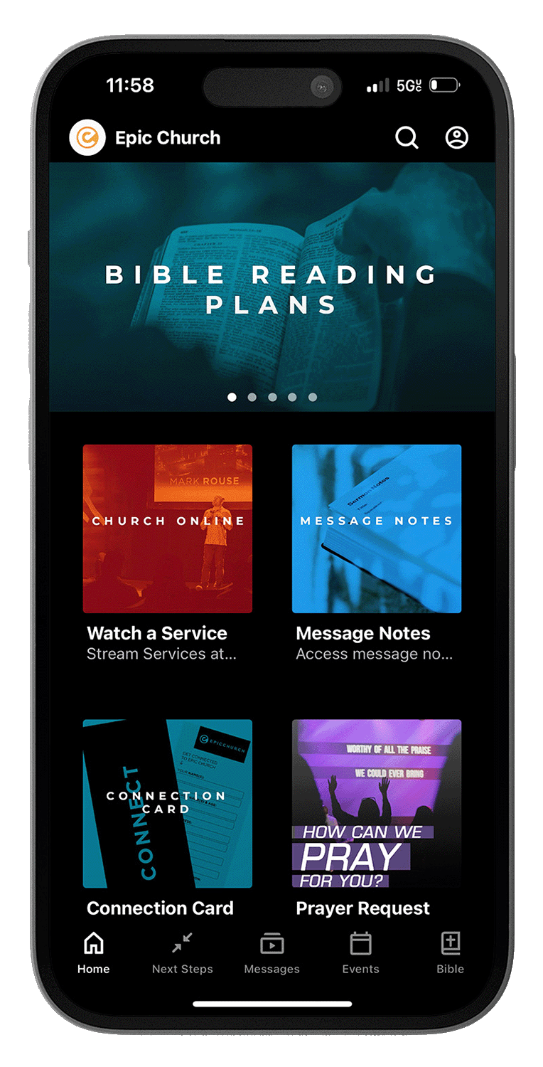 A phone with the Epic Church Buffalo app on the screen